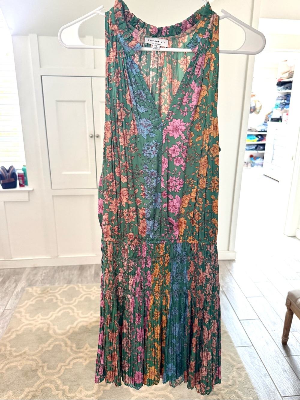 Current Air Green Floral Mini Dress with Pink & Orange Blooms